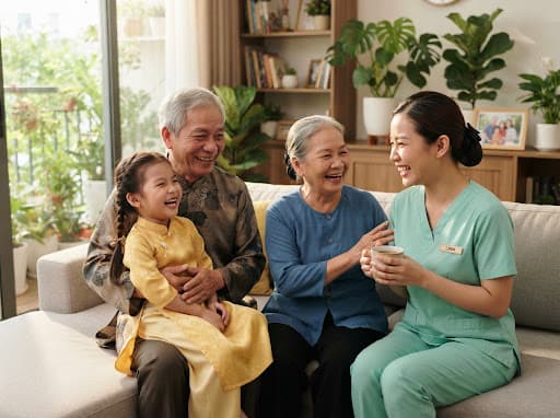 Caregiver trò chuyện cùng người cao tuổi và gia đình trong không gian ấm cúng
